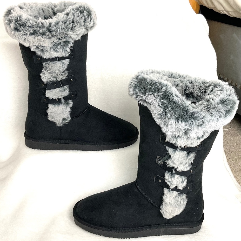 HStylish Black  Slip On Calf High Fur-Lined Waterproof Winter Snow Boot